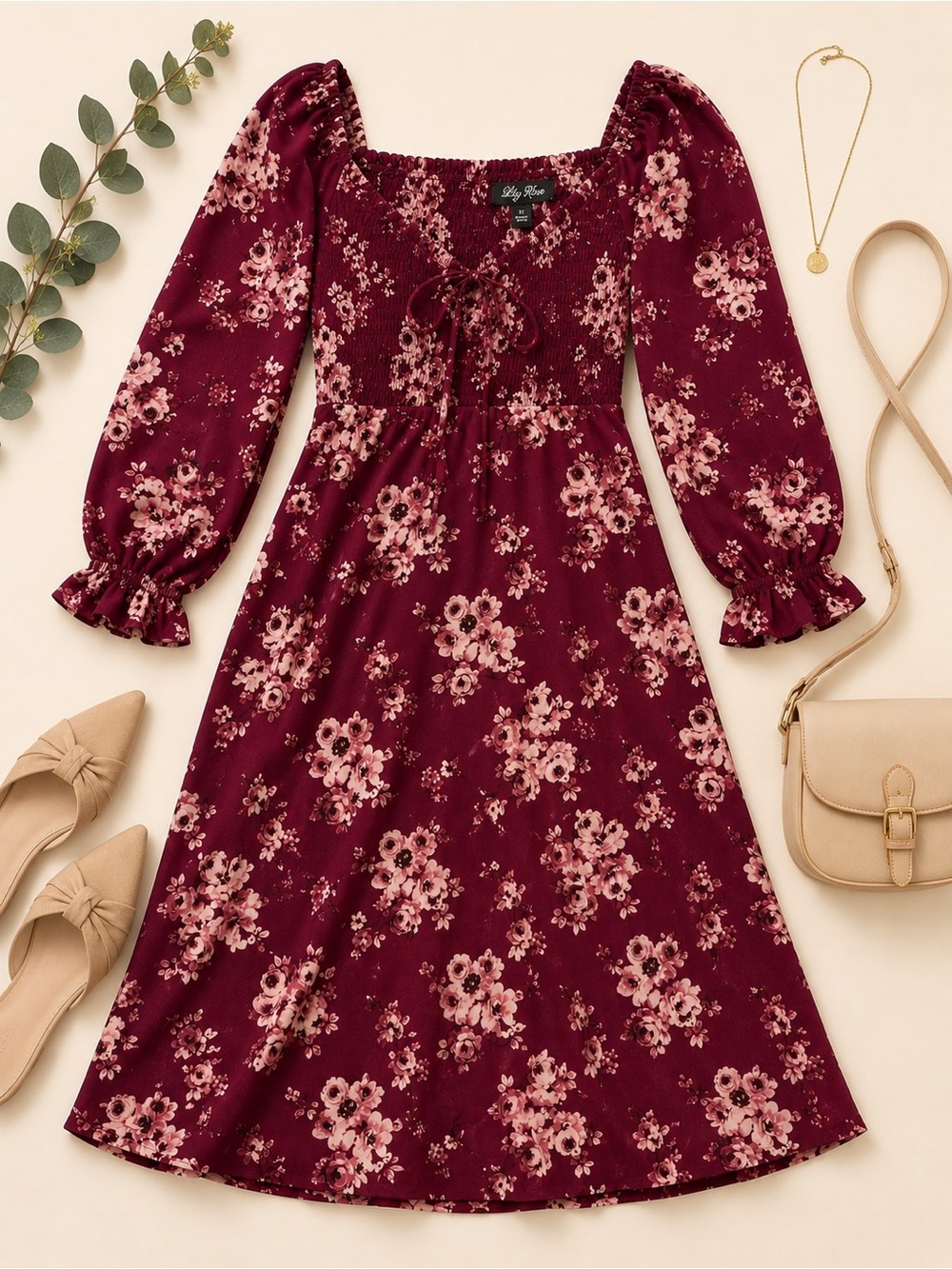 Lily Rose Burgundy Pink Floral Midi Dress Puff Sleeve NWT M Autumn wedding guest